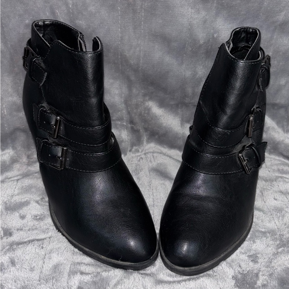 Elegant Triple-Buckle Black Ankle Booties